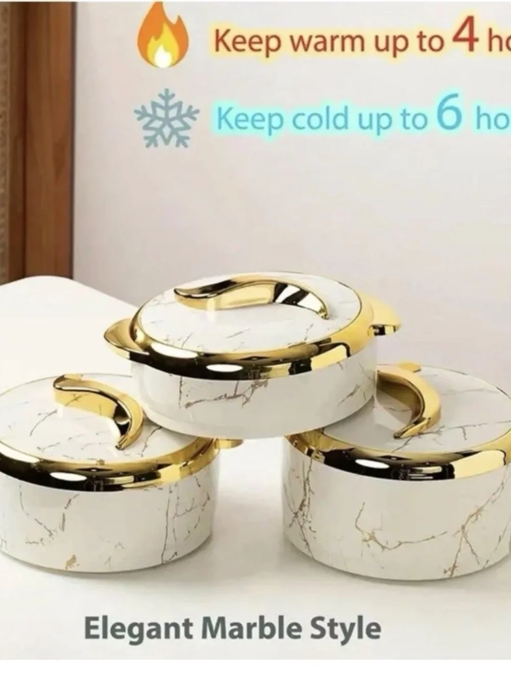 3Pcs Golden Touch Insulated Stainless-Steel Food Warmer - Marble Blue & White